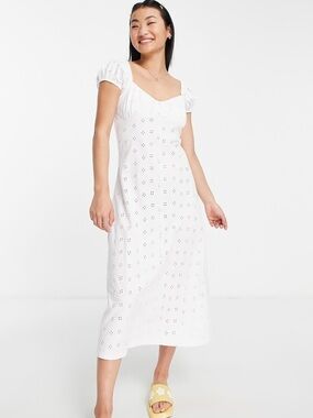 White Eyelet Midi Dress with Puff Sleeves asos size 8